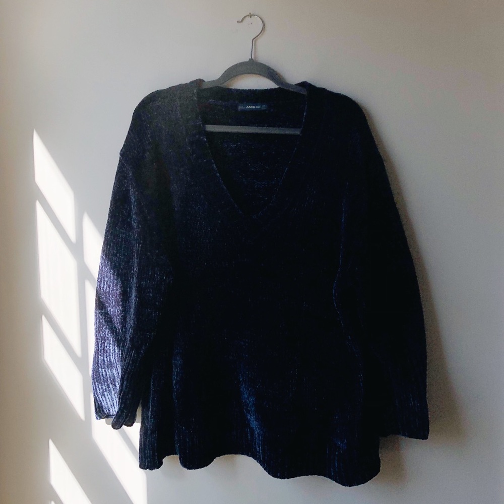 ZARA Midnight Blue Chenille V Neck Sweater